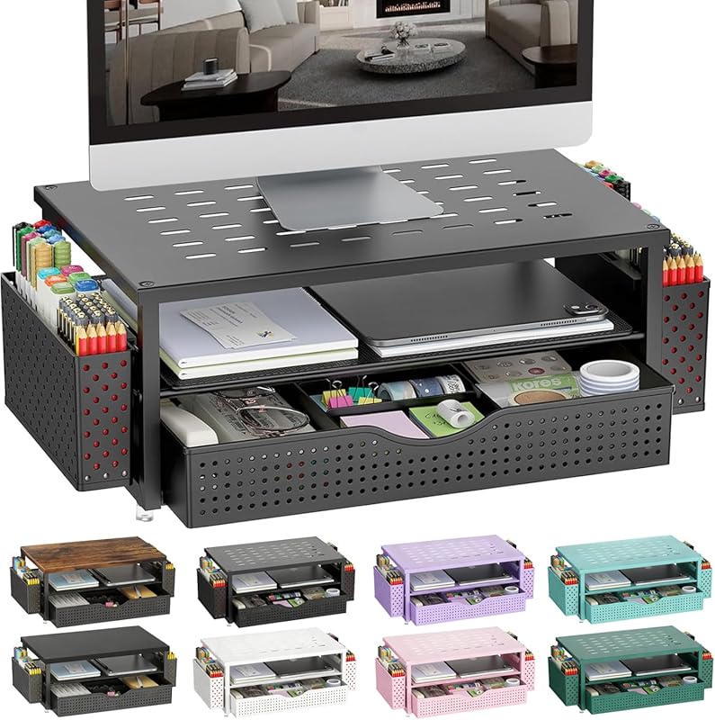 Monitor stand with drawer and two pen holders desktop organizer for of