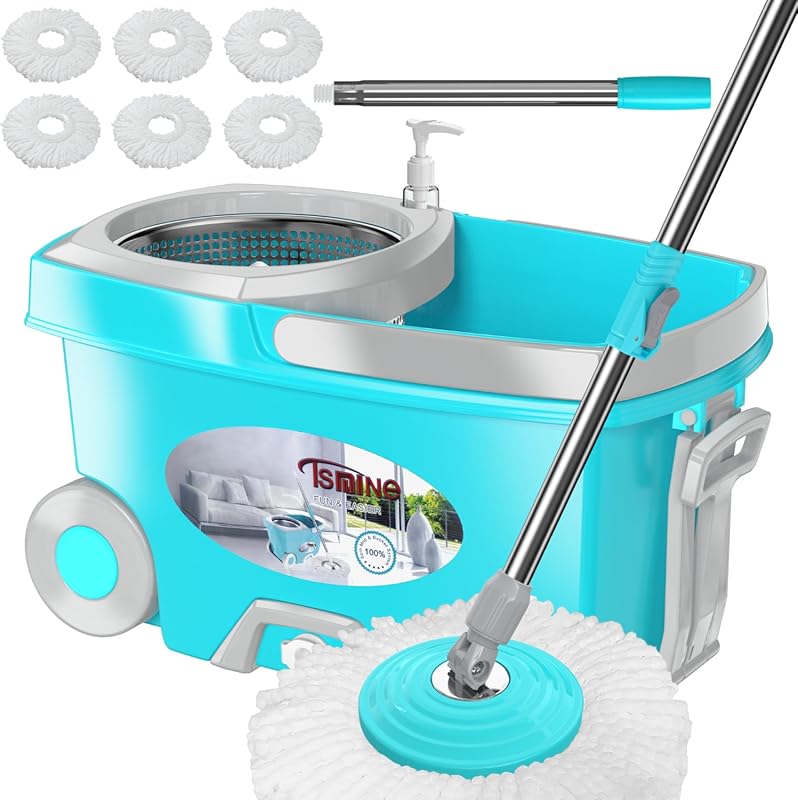 FunClean Durable Spin Mop and Bucket Set with Six Microfiber Replaceme