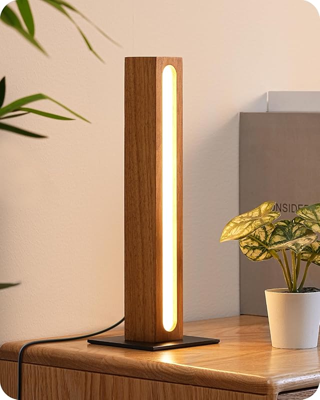 EDISHINE Small Wooden Bedside Lamp with Dimmable Touch Control and Col