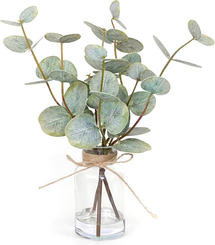 Artificial Eucalyptus Stems in Glass Vase with Faux Water,3Pcs Fake Pl