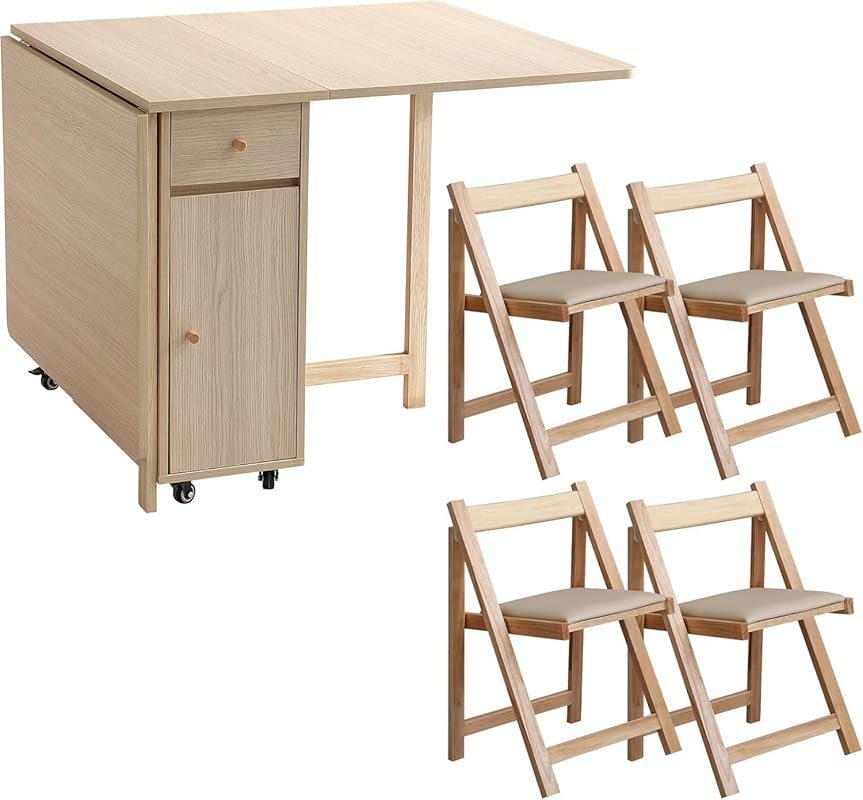 Wood Drop Leaf Folding Dining Table with 2 Drawers and 4 Wooden Padded Chairs