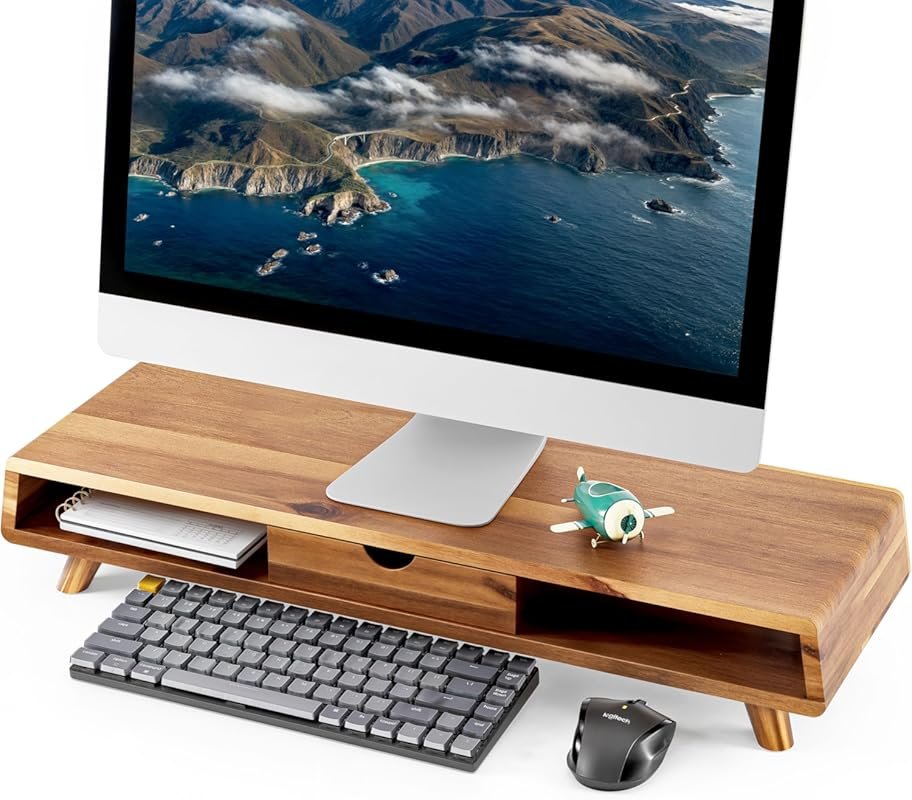 TINAMO Acacia Wood Monitor Stand with Drawer for Desk and Multi Purpos