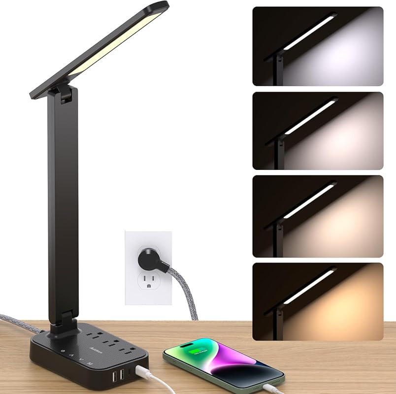 Addtam LED Desk Lamp with 3 Outlets, 4 USB Ports, and 5 Brightness Lev