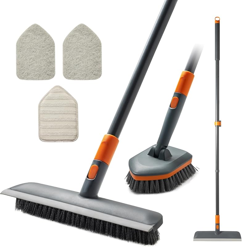 Floor Scrub Brush with 56-Inch Extendable Handle and 4 Cleaning Heads 