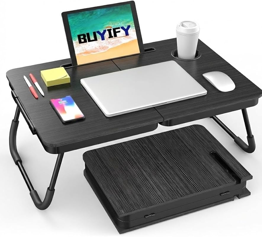 BUYIFY Foldable Laptop Bed Desk with Cup Holder and Tablet Slot for Co