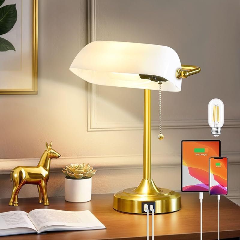 Vintage Bankers Desk Lamp with USB Charging Ports and Pull Chain Switc