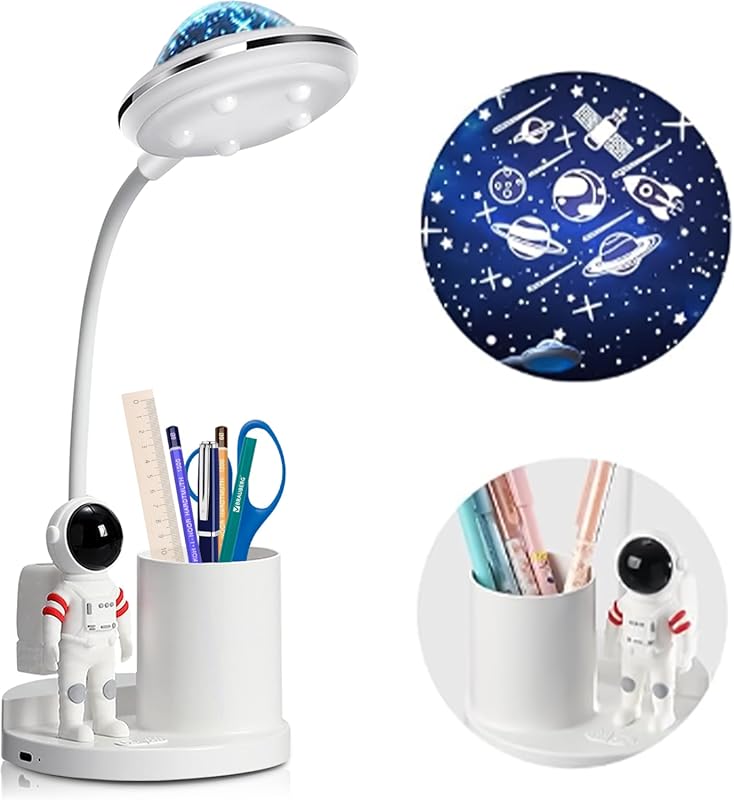 Astronaut Desk Lamp for Kids, Space Projector with Pen Holder and Eye-