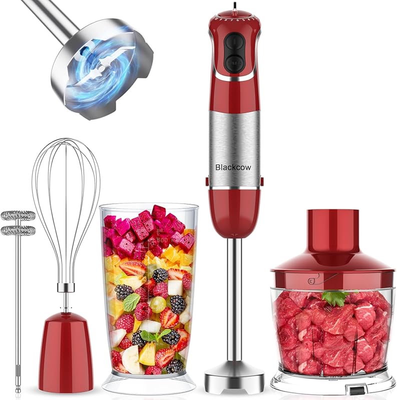 Red Blackcow Handheld Immersion Blender with 5 Attachments and 800W Co