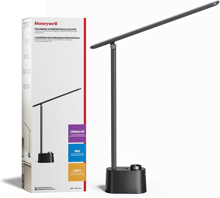 Honeywell Upgraded LED Desk Lamp with USB Charging and Dimmable Modes 