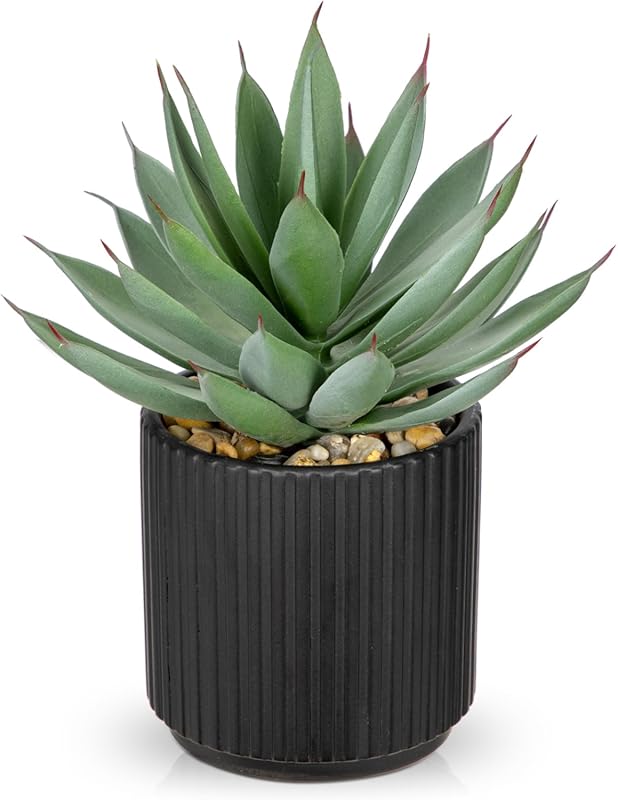 Realistic Potted Fake Agave Plant in Black Ceramic Vase for Home Decor
