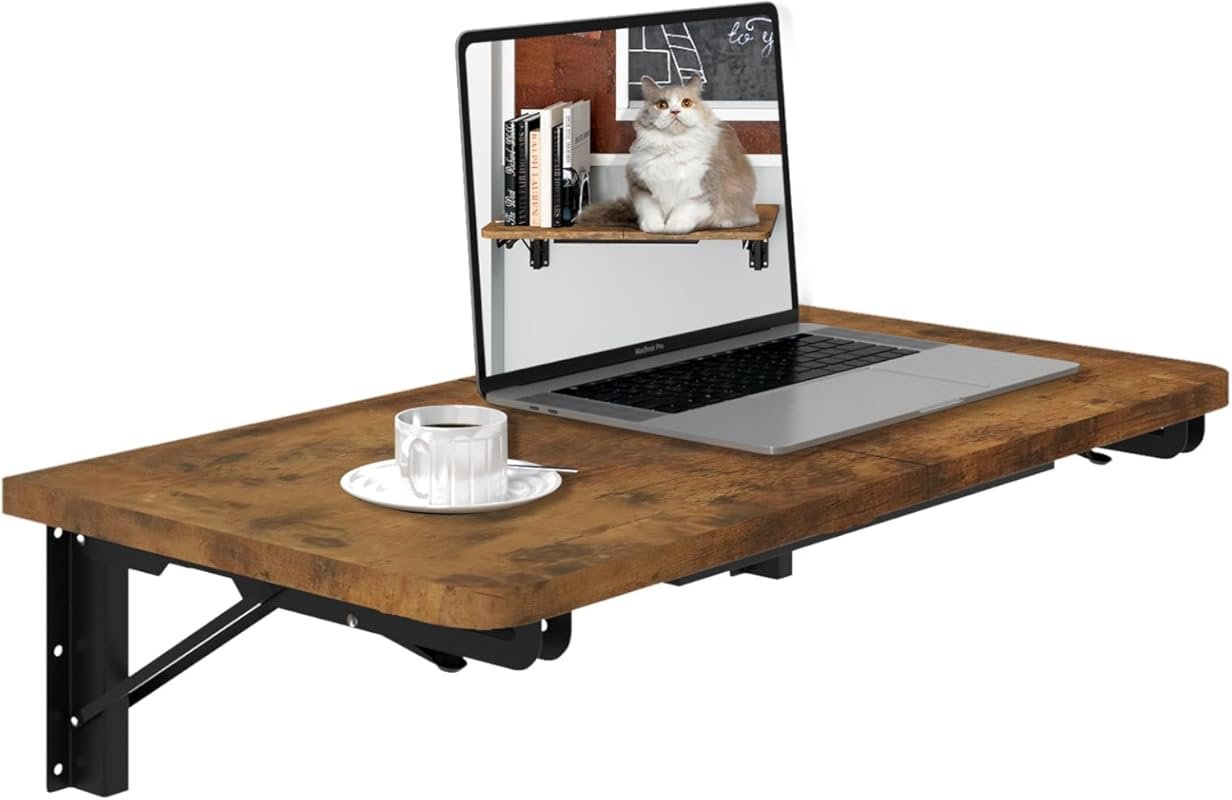 TEAMIX Wall Mounted Folding Table, Rustic Brown Floating Wall Desk for