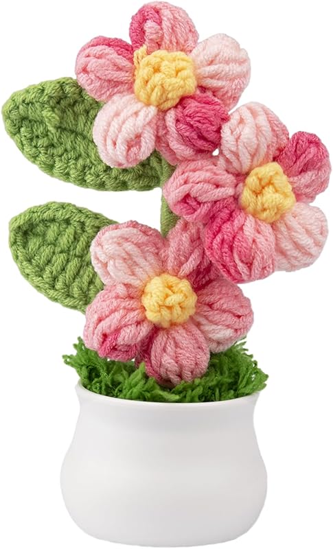 Knitting Crochet Puff Flowers Potted Plants, Gradient Colorful Flowers