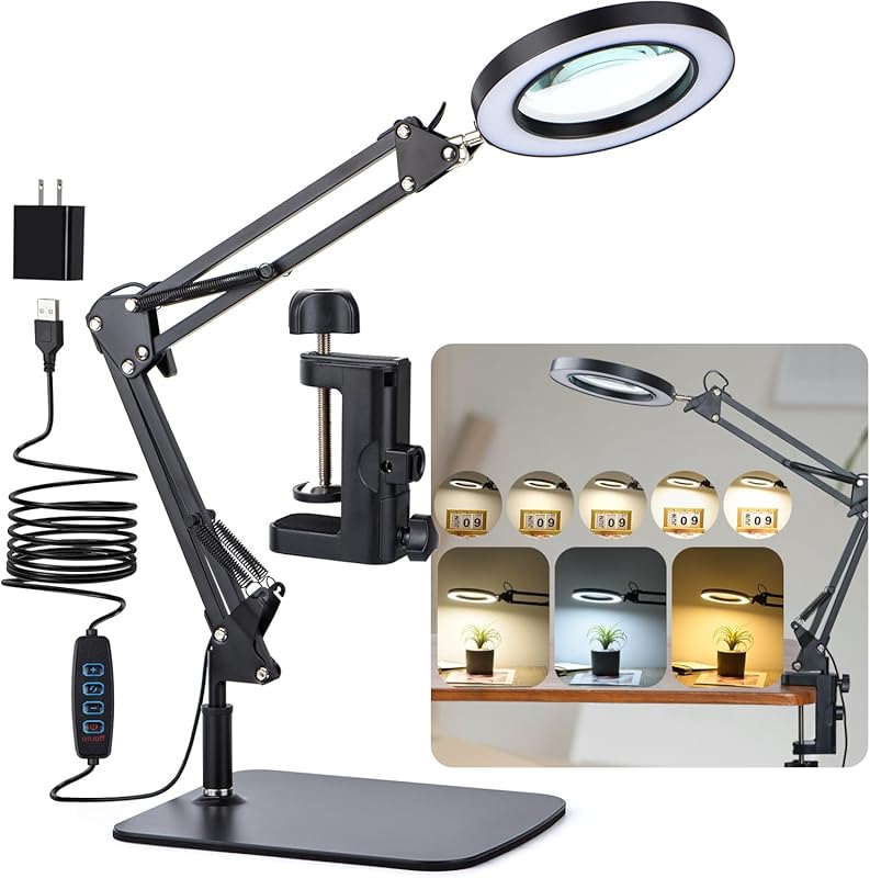 LED Magnifying Desk Lamp with Stand and Clamp, 3 Color Modes for Close