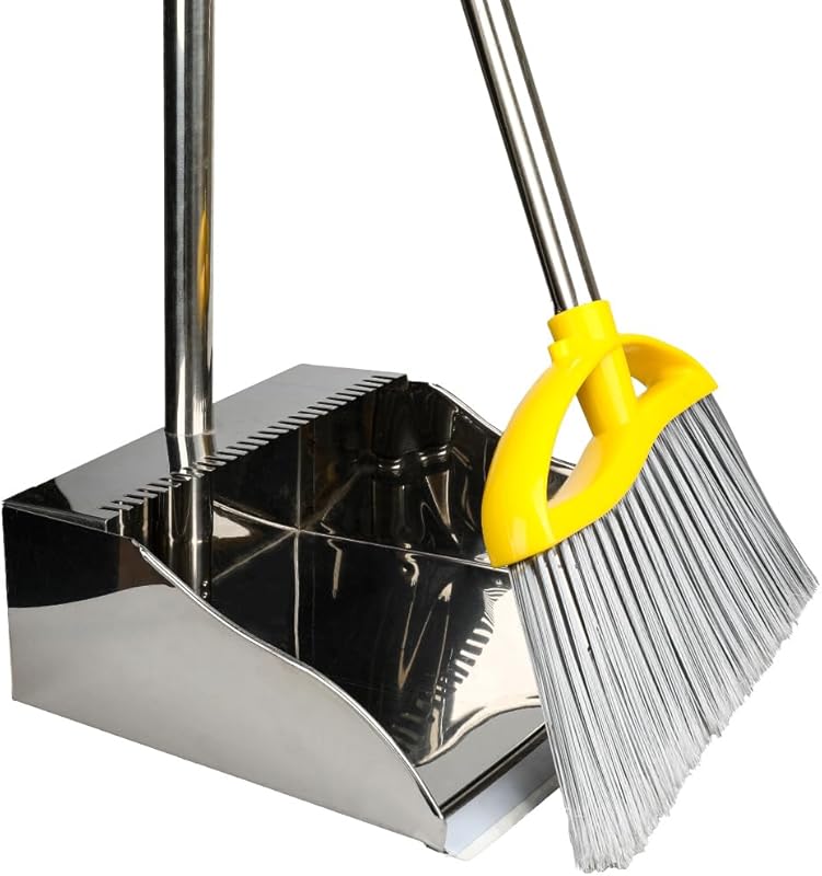 Stainless steel dustpan with outdoor stiff broom, long handle metal se