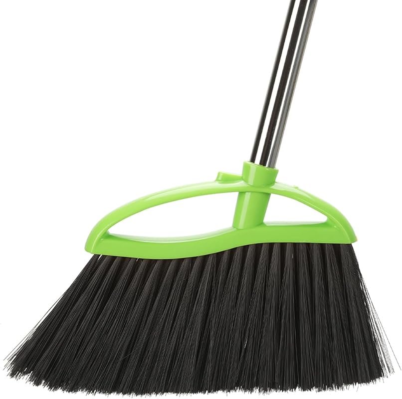 Soft bristle green angle broom with long handle, indoor broom for fine