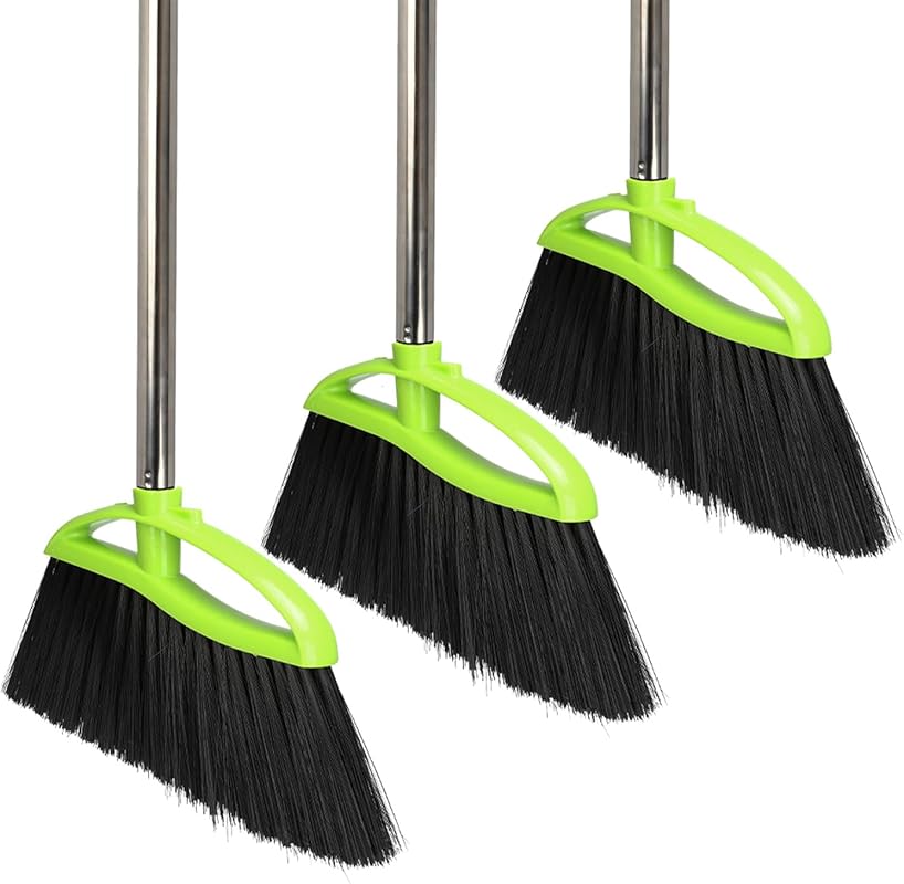 Three-pack indoor green angle brooms with soft bristles and long handl