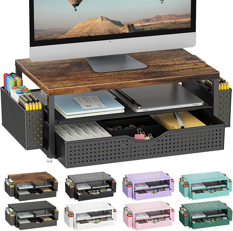 Wood monitor stand riser two tier desk shelf organizer with drawer and