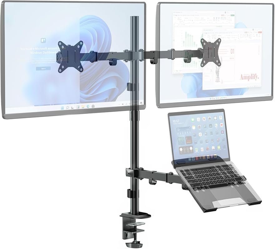 Dual monitor stand with laptop mount fits two 17-32 inch monitors and