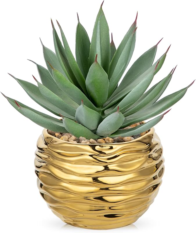 Artificial Aloe Plant in Gold Ceramic Pot for Office and Living Room Decor