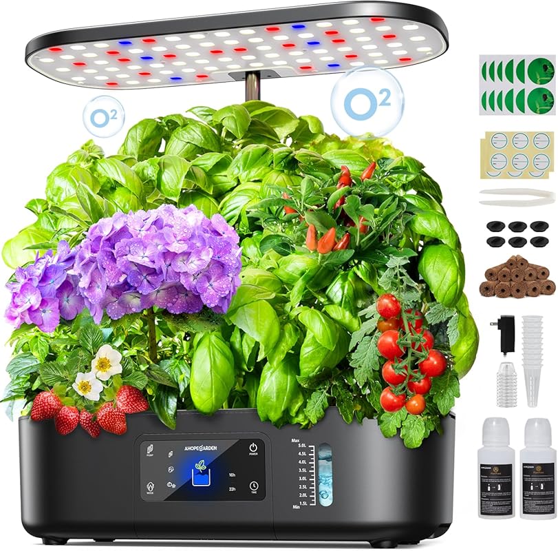 Ahopegarden Hydroponics Indoor Herb Garden Kit with 12 Pods and Grow L