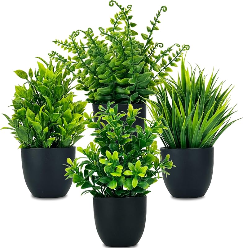 Set of 4 Small Artificial Indoor Potted Plants for Home and Office Dec