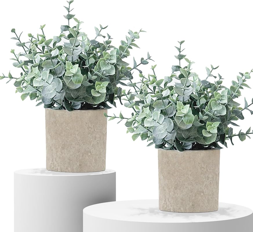 2 Pack Fake Plants Eucalyptus Small Potted Artificial Plants Indoor Gr