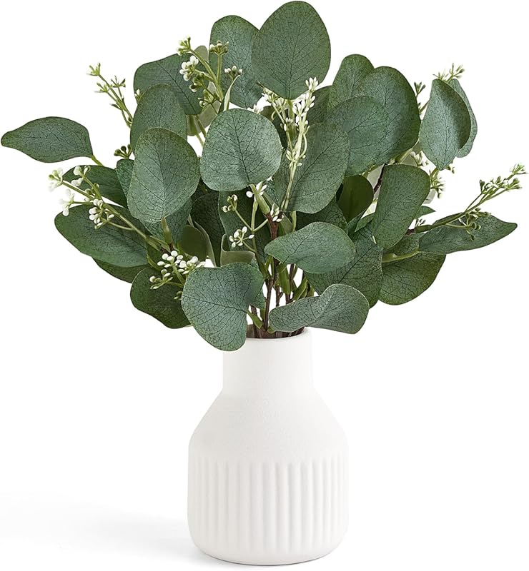 Artificial Eucalyptus Stems in Small Ceramic Vase for Modern Farmhouse