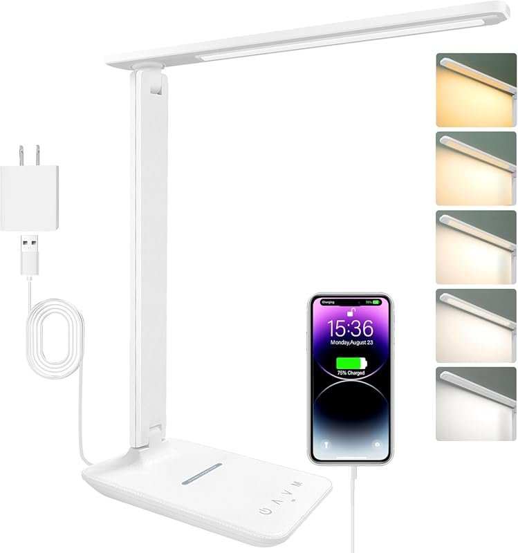 White Crown LED Desk Lamp with Wireless Charger, USB Port, and Dimmabl
