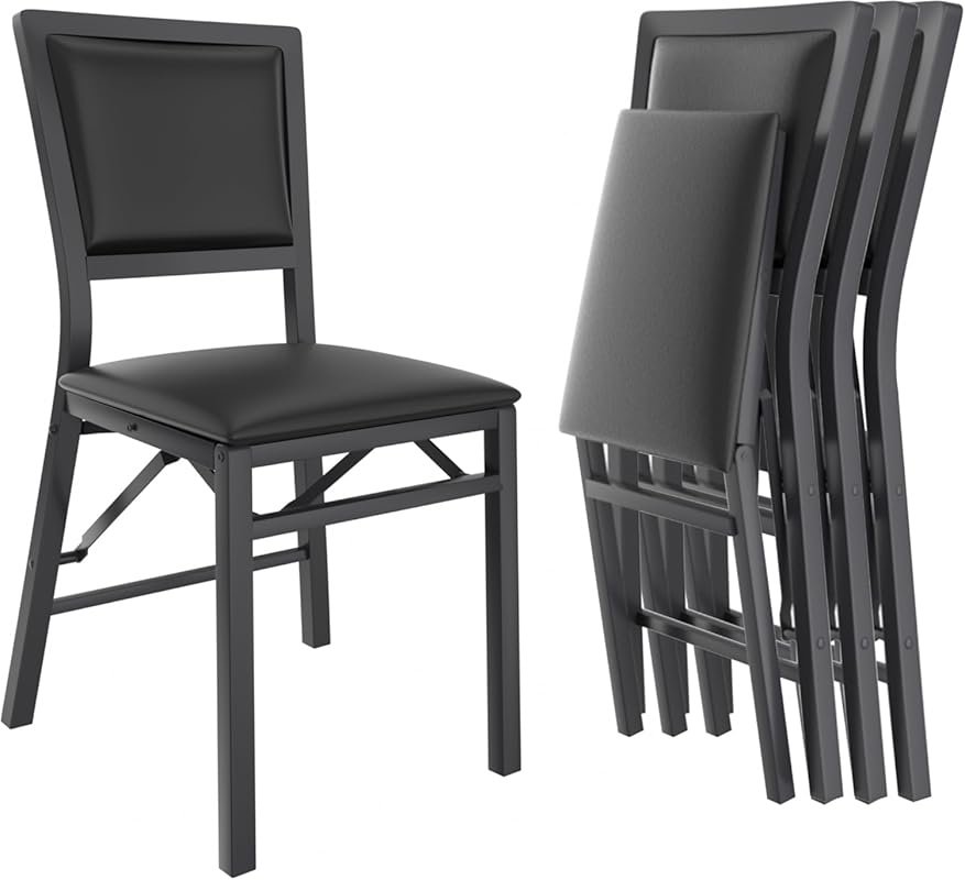 VECELO Folding Chairs Set of 4 with Cushions, Heavy Duty Metal Frame, Black