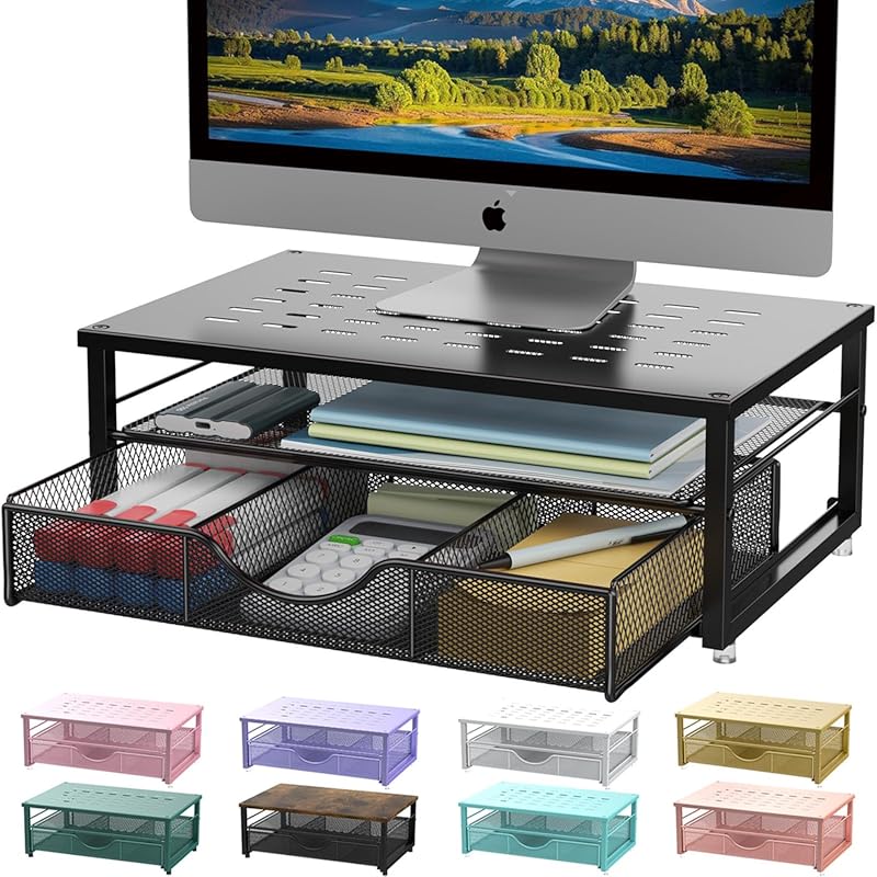 Computer monitor stand riser with drawer desk organizer and storage sh