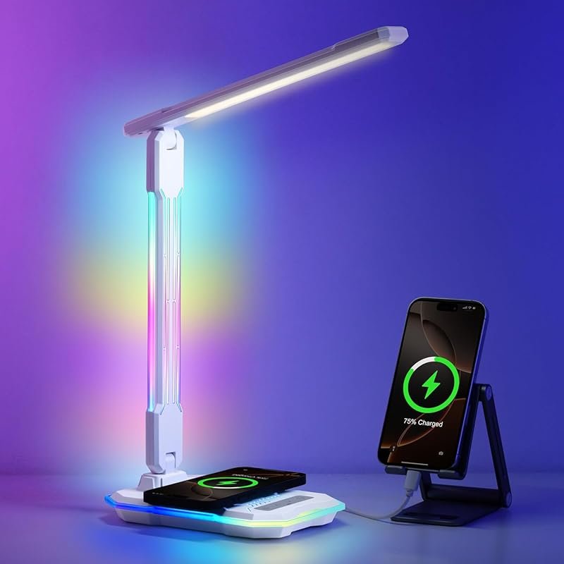 RGB Gaming Desk Lamp with Wireless Charging, USB Port, and Touch Contr