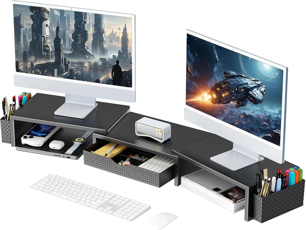 gianotter dual monitor stand riser desk organizer with drawer and pen