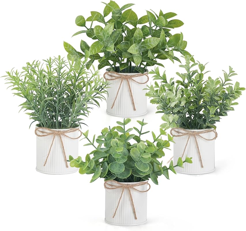 Mkono Mini Plant Set with Faux Eucalyptus in Galvanized Pots for Home 