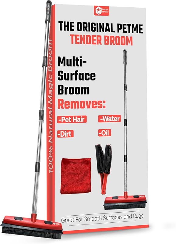 Hybrid rubber broom for dog pet hair with squeegee, adjustable handle 