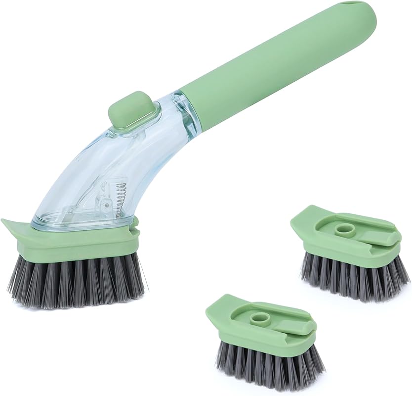 Soap Dispensing Scrub Brush with Handle for Dishes, Pots, Pans, and Si