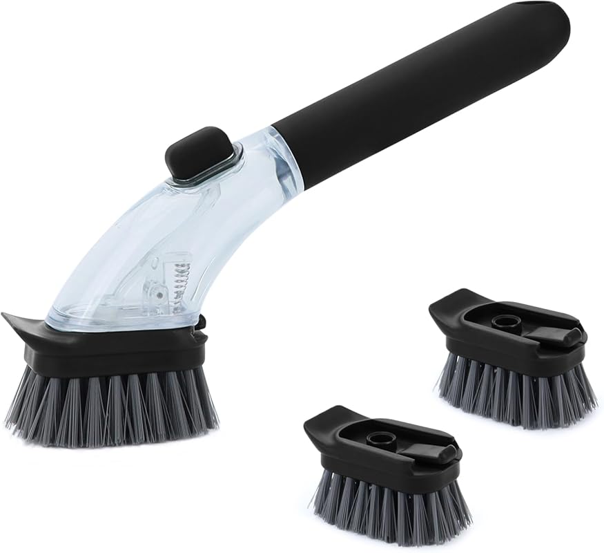 Soap Dispensing Scrub Brush with Handle for Dishes, Pots, Pans, and Si