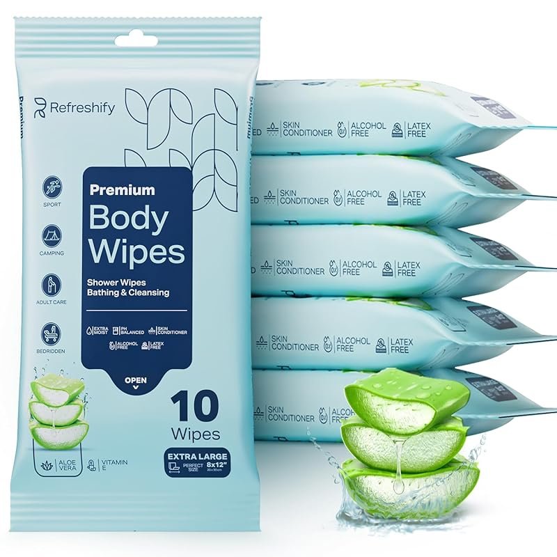 XL Shower Body Wipes for Adults, No-Rinse Bathing with Aloe and Vitami