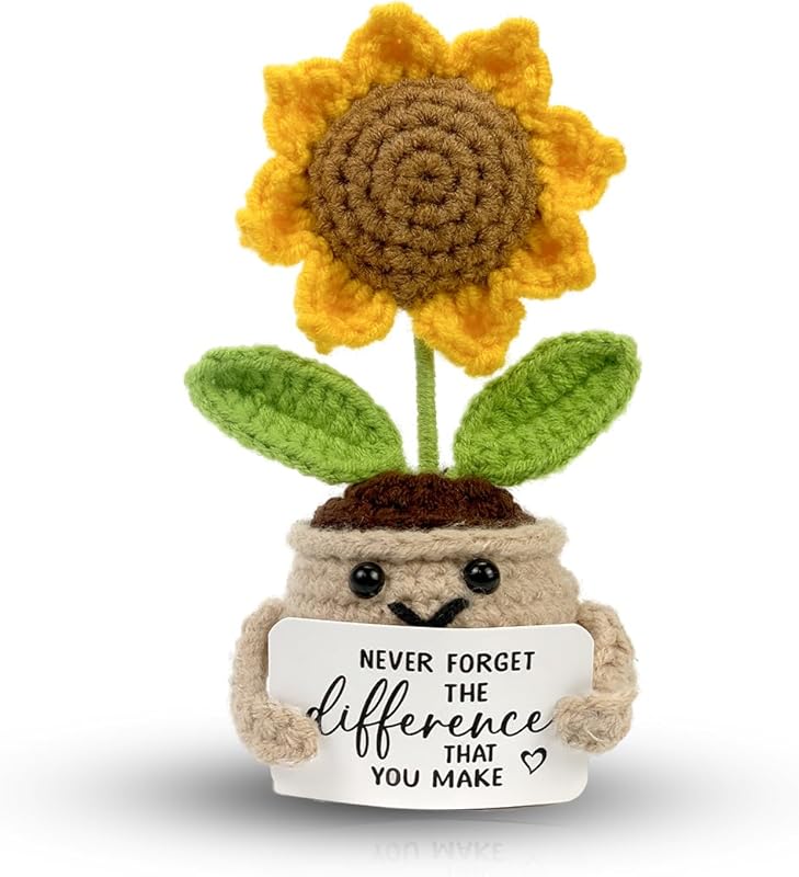 Valentines Mini Crochet Sunflower, Cute Cheer Up Gifts for Coworker, Crochet Plant with Optimisti