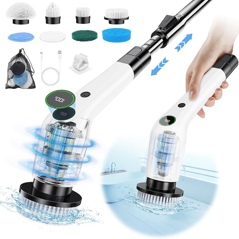Cordless Electric Spin Power Scrub Brush with 8 Heads, Extendable Hand