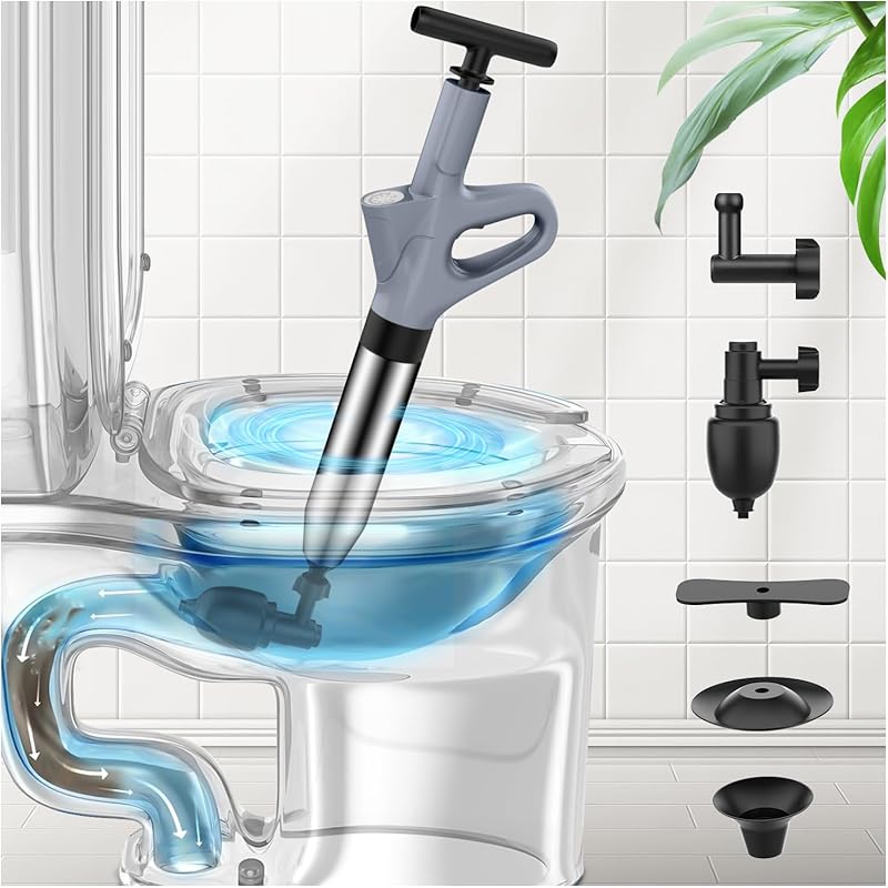 High-pressure air drain blaster toilet plunger with real-time pressure