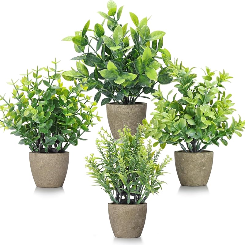 4 Pack Mini Fake Plants - Ceramic Potted Greenery for Home and Office 