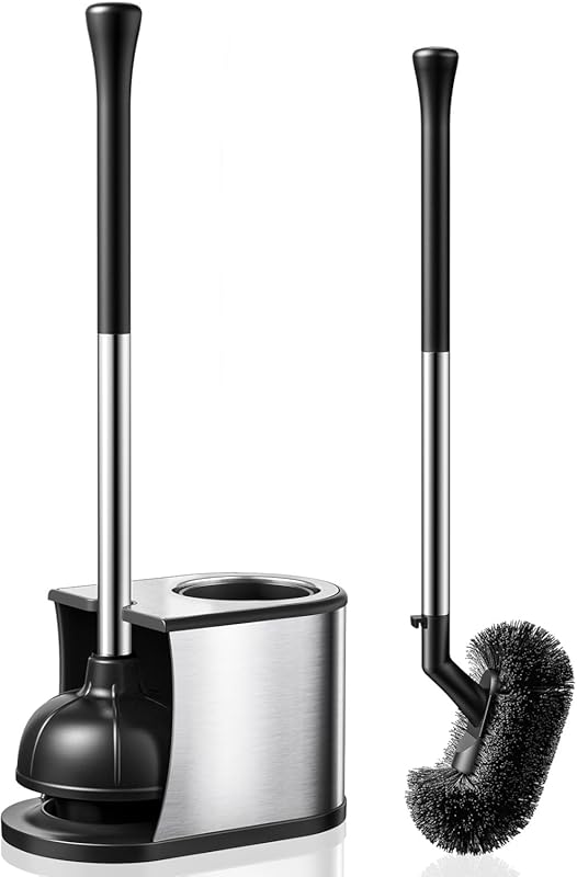 HAMITOR Stainless Steel Toilet Plunger and Brush Set with Curved Brist