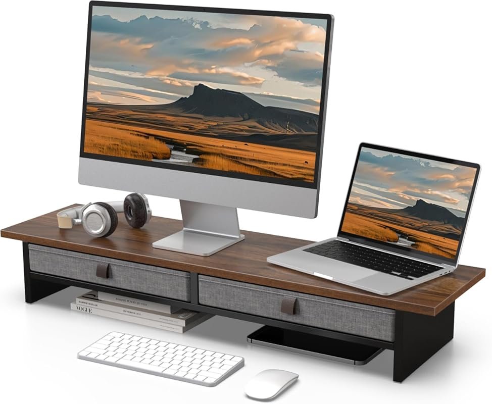 Fenge Monitor Stand with Drawer Two Tier Dual Monitor Riser for Desk a