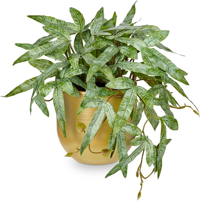 Briful Faux Plants Indoor 9'' Small Artificial Plant with Gold Pot Fake Pteris Cretica Fern Plant