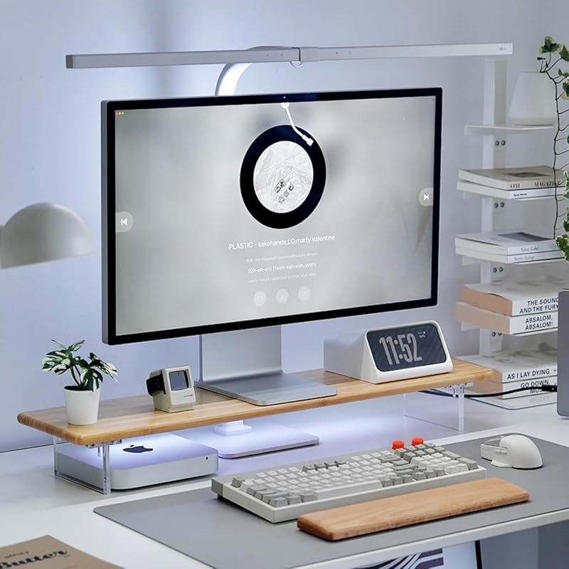 Bamboo monitor stand riser with RGB lights 31.5 inch desktop shelf wit