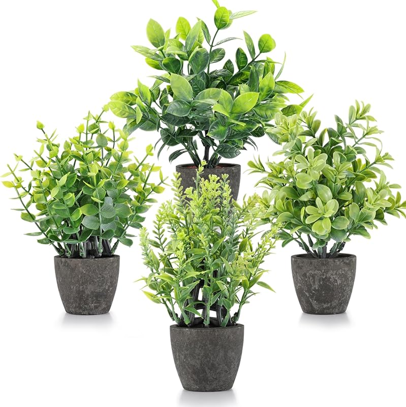 4 Pack Mini Artificial Greenery Potted Plants for Home and Office Deco