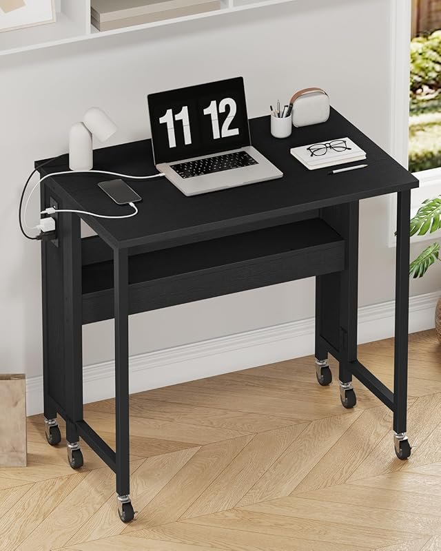 Modern Folding Computer Desk with Power Outlets and Storage for Small