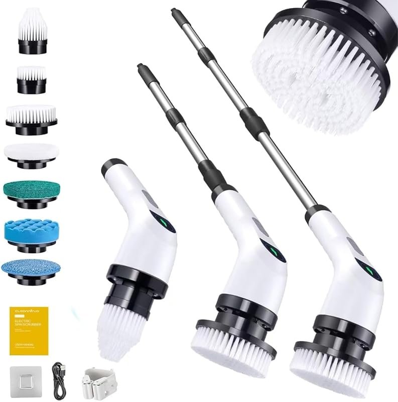 Cordless Electric Spin Shower Scrub Brush with Long Handle and 7 Repla
