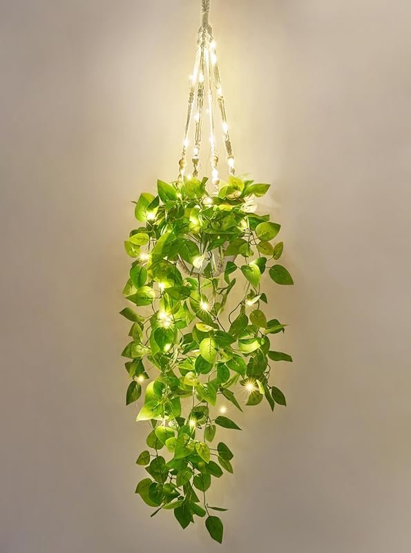 Fake Hanging Plant with Lights for Indoor Decor in Macrame Plant Hange