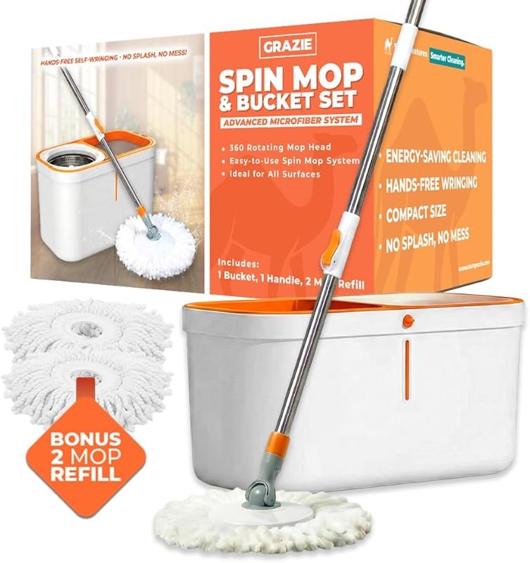 Grazie spin mop set with 360 self-wringing system, steel handle, washa